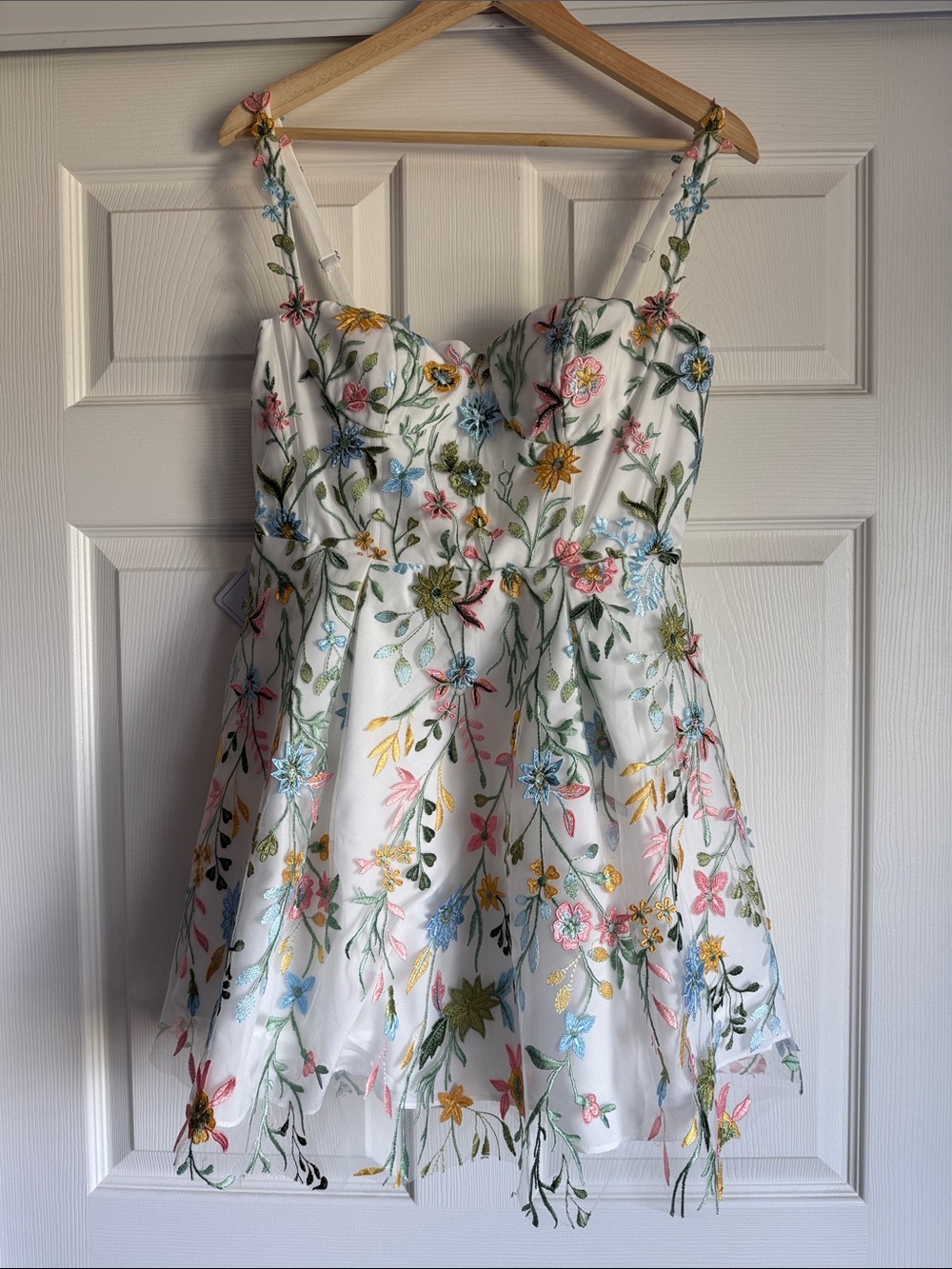 Azazie White Floral Embroidered Spaghetti Strap - Skyler Dress